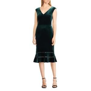 NEW Ralph Lauren Inset Lace Velvet Fluted Hem Dress Dark Fern Green size 10